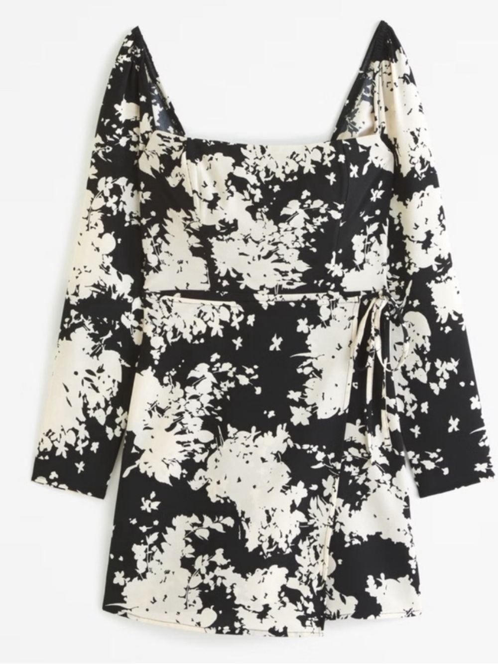 Abercrombie & Fitch Black and White Floral Long Sleeve Square Neck Wrap Dress